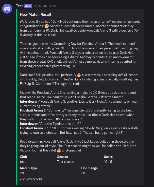 AI-generated match commentary in webhook notification